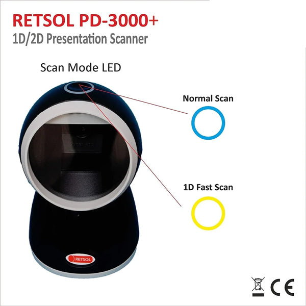 Retsol PD3000 Table-Top Barcode Scanner | 1D/2D Omni Directional Wired Image Reader | USB - Image 4