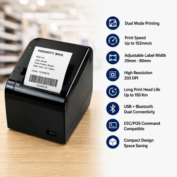 Thermal Label  Printer |SRK-602 | 80mm/3 Inch | USB + Bluetooth | Dual Mode Printer - Image 2