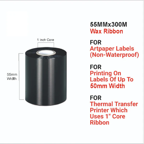 Wax Ribbon | 55mm x 300Mtr | Thermal Transfer Barcode Label - Image 3